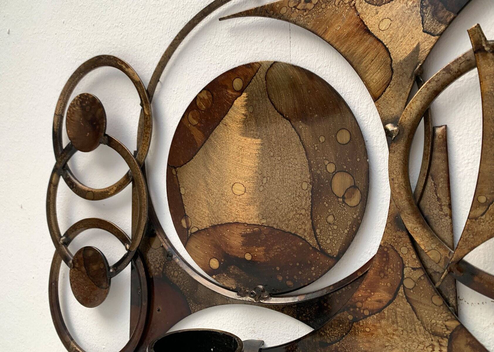 Brutalist mid-century Danish metal wall sculpture and candle holder by Henrik Horst.