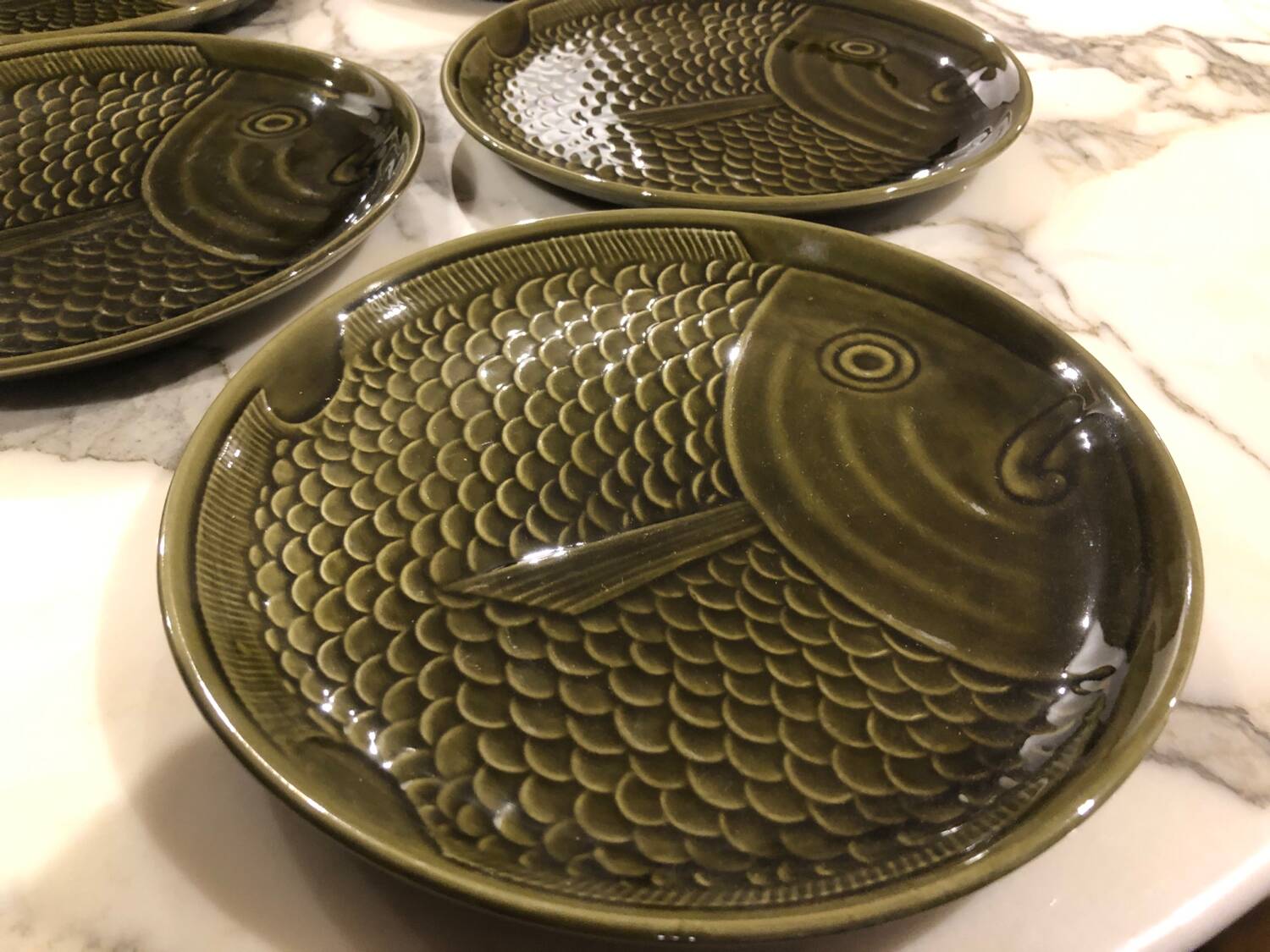 Set of 5 vintage green fish plates