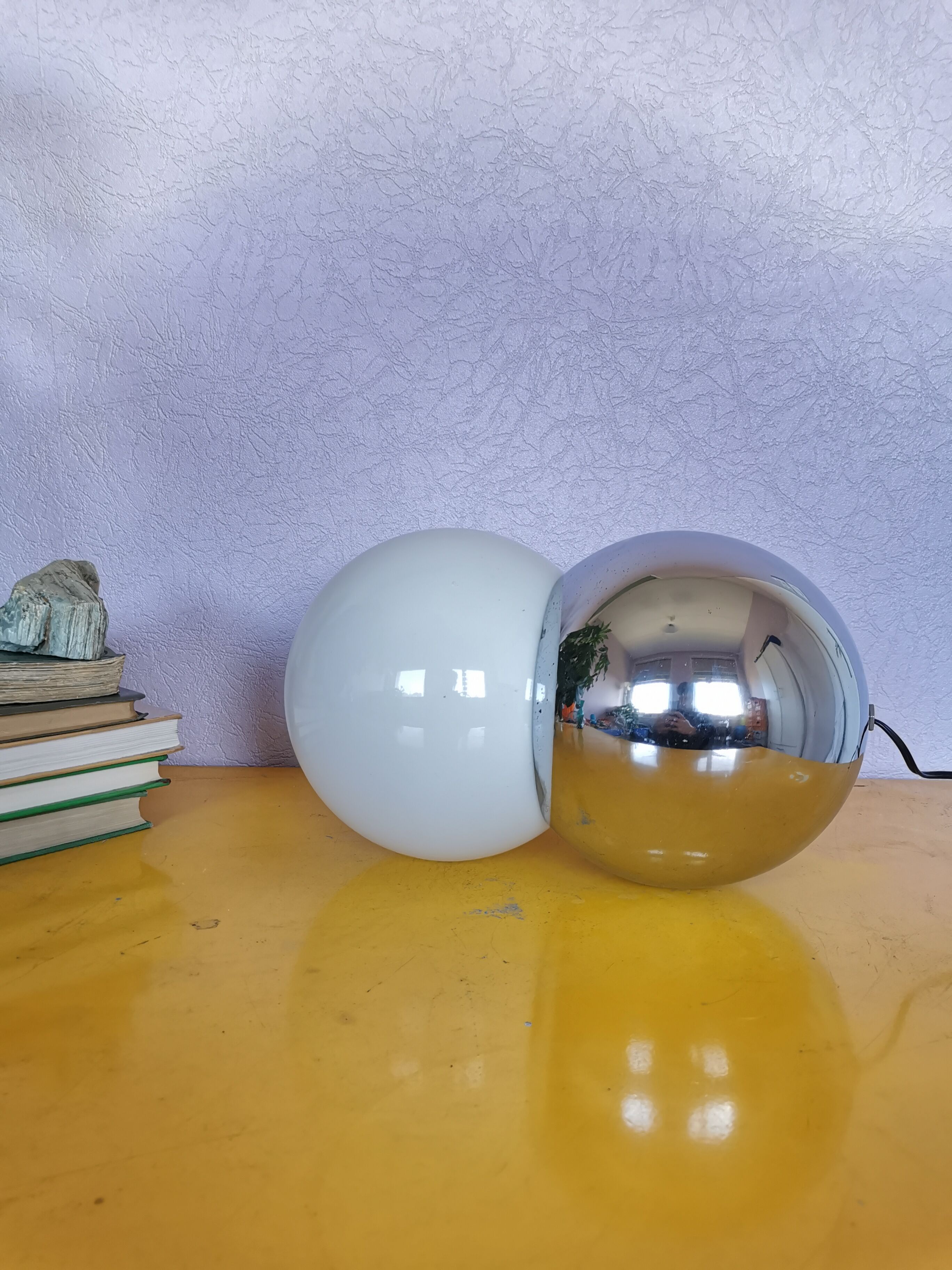 Lamp molecule, two balls, globe in opaline and stainless steel, 1970