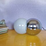 Lamp molecule, two balls, globe in opaline and stainless steel, 1970