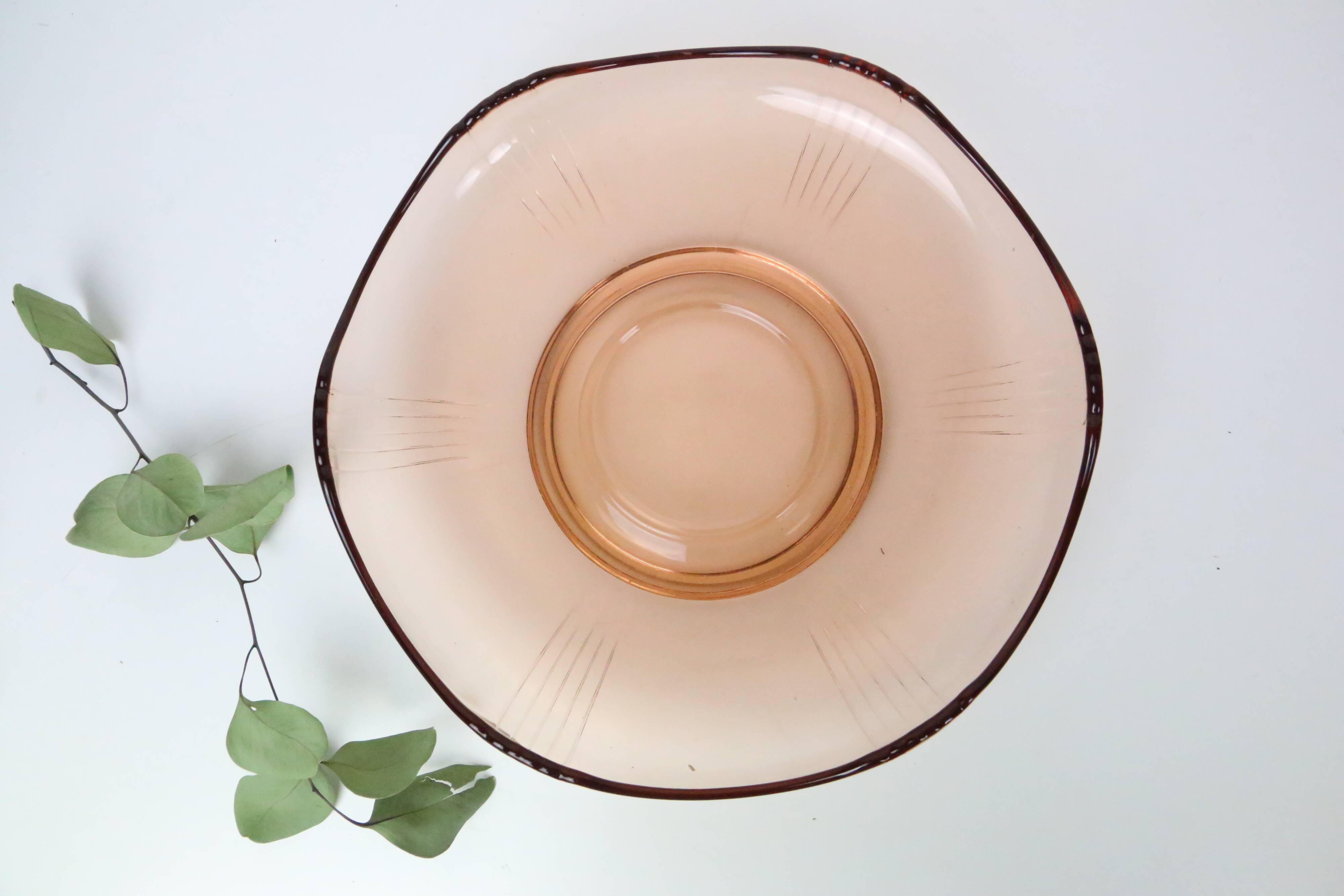 Round pink glass dish, empty pocket or salad bowl, molded glass, art deco
