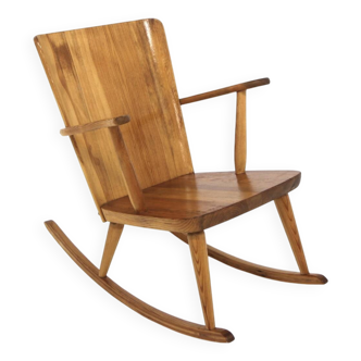 Brutalist pine rocking chair, Göran Malmvall, Svensk Fur, Sweden, 1960