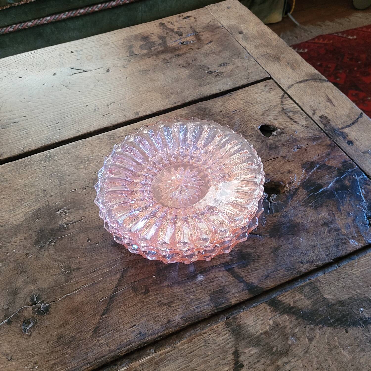 Art Deco Pressed Glass Dessert Plates in Pink — Circa 1930