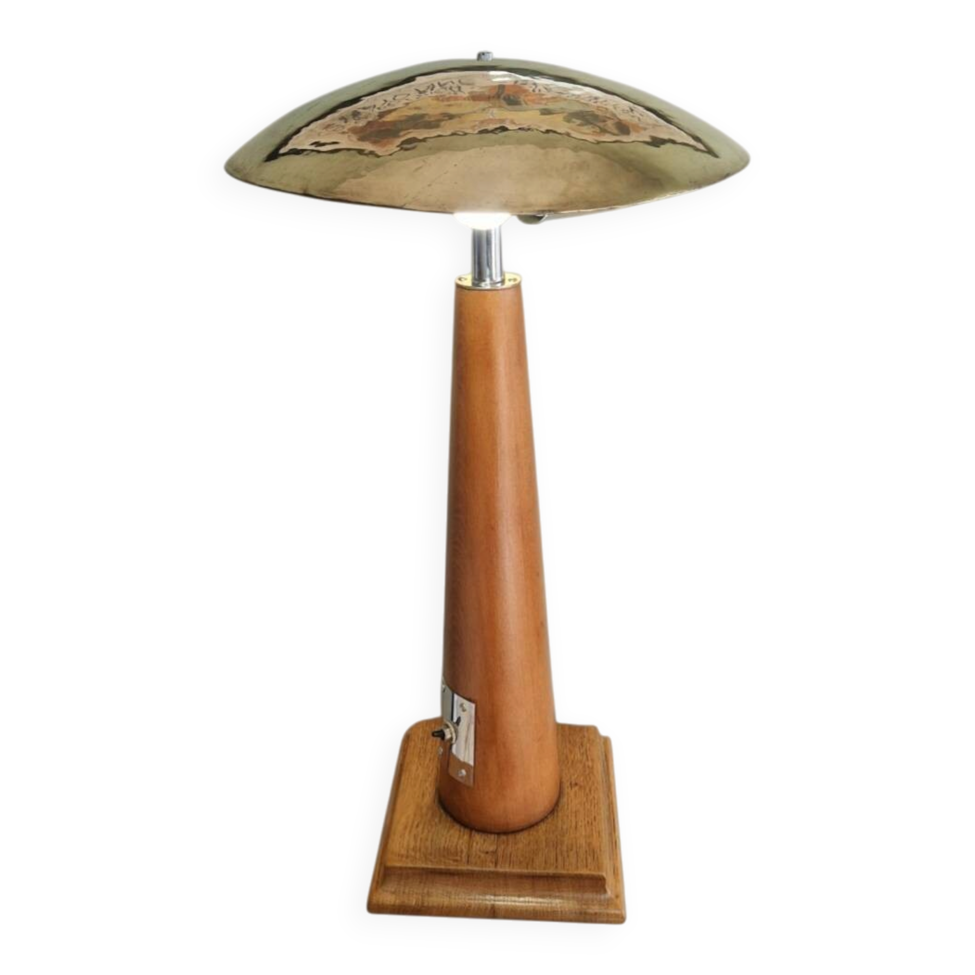 Lampe sculpturale moderniste bois/chrome/Laiton martelé- Époque 1970