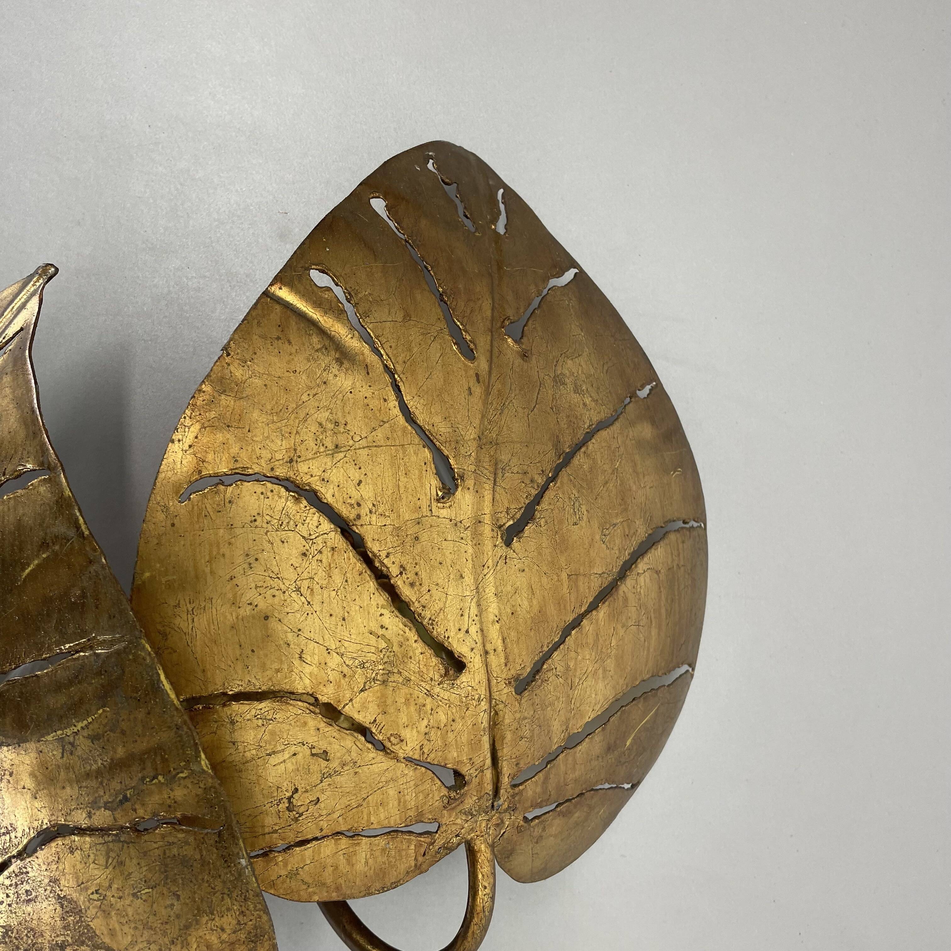 Golden metal "monstera" leaf wall light sconce, france, 1970s