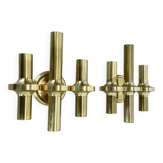 Rare set of 2 brass tube "torch" wall lights by sciolari, italy 1970s