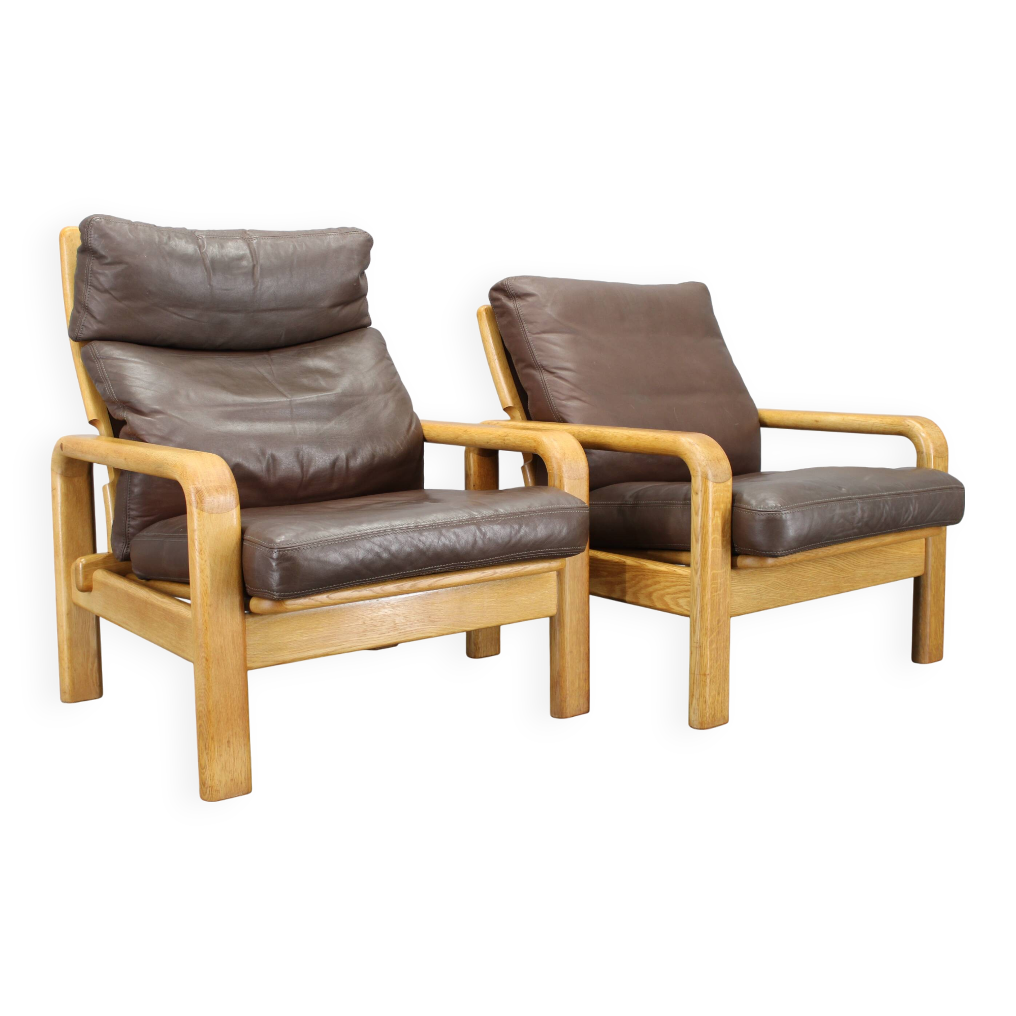 1970s L. Olsen & Søn Pair of Armchairs in Oak and Leather, Denmark
