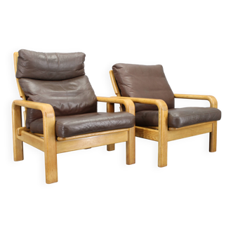 Paire de fauteuils en chêne et cuir L. Olsen & Søn des années 1970, Danemark