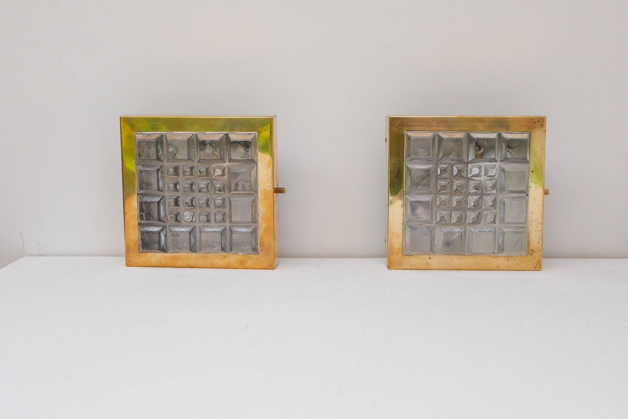 Swedish brutalist glass and brass wall lamps from Falkenbergs Belysning, set of 2