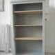 Louis Philippe style bookcase reenchanted in verdigris, 3 light oak waxed shelves.
