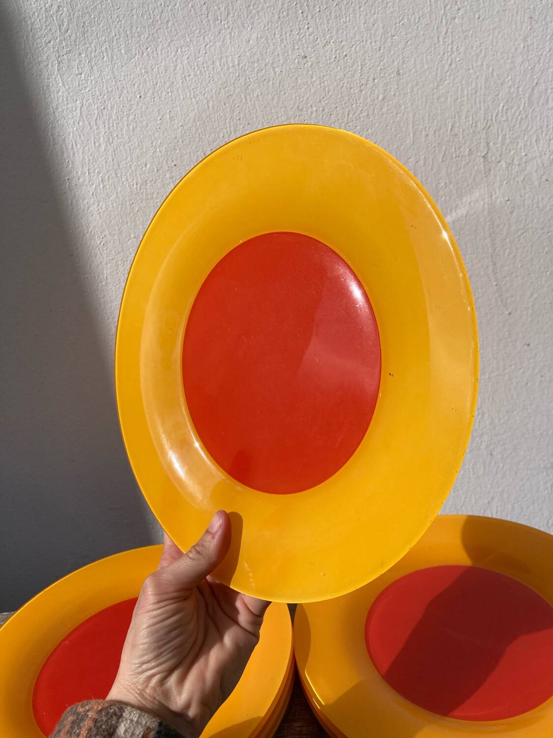 10 yellow and orange glass dinner plates