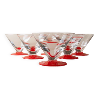 Red Glass Drinking Glasses Set of 6 – Italian 1980s Memphis-Postmodern, Clear with Red Accents