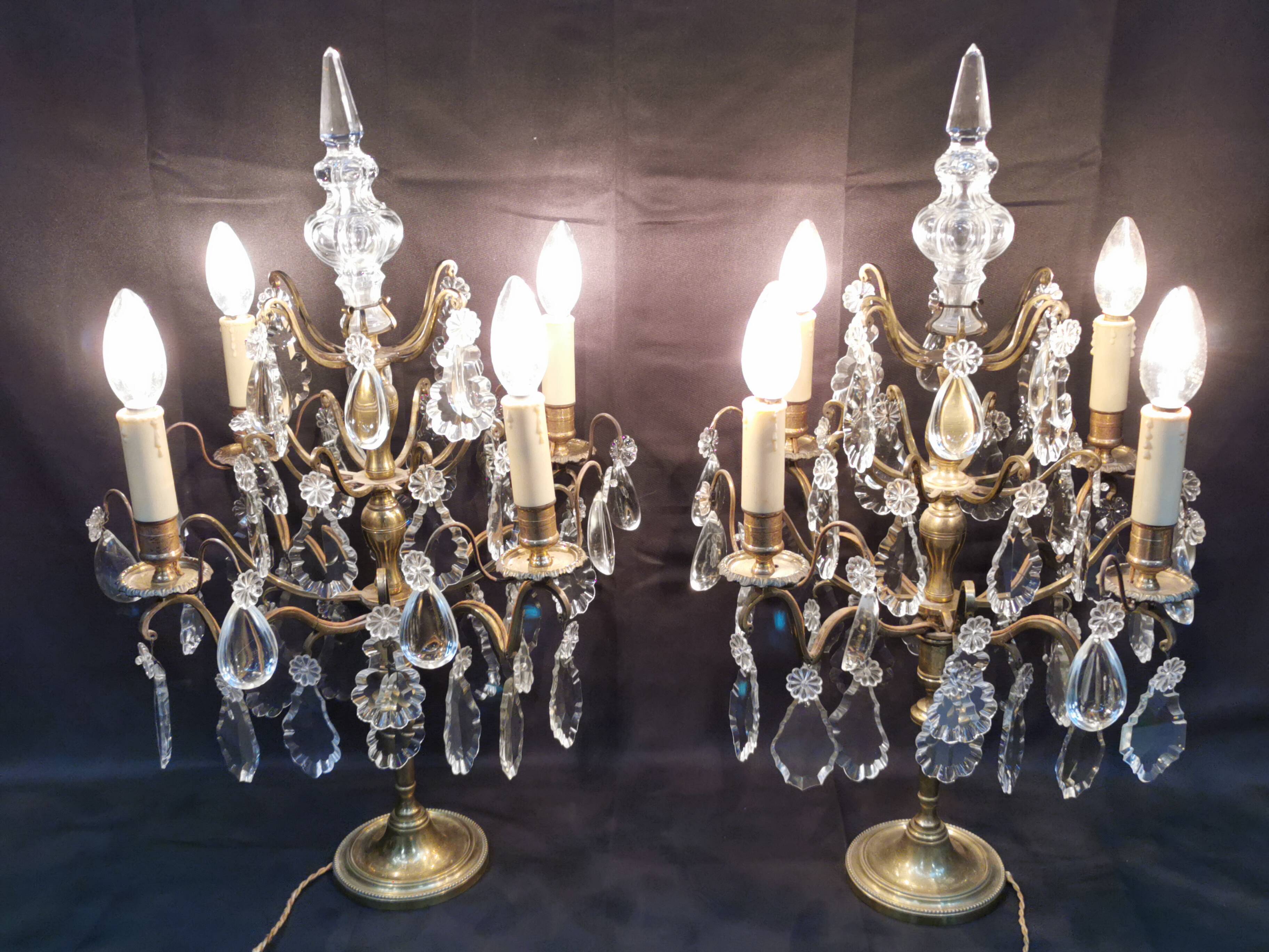 Pair of large electrified girandole candlesticks with crystal tassels
