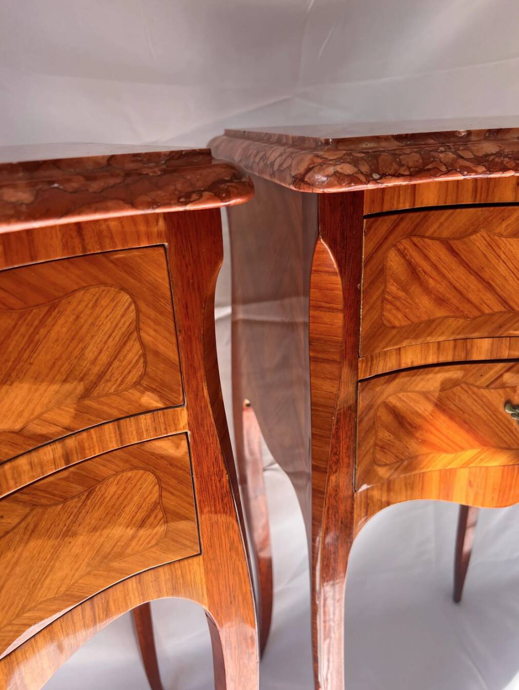 Pair of French Rosewood Nightstands, Marble Top Nighstands, Marquetry Bedsi