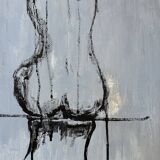 Tableau signé huile sur toile portrait féminin « étude de dos à l’encre de Chine »