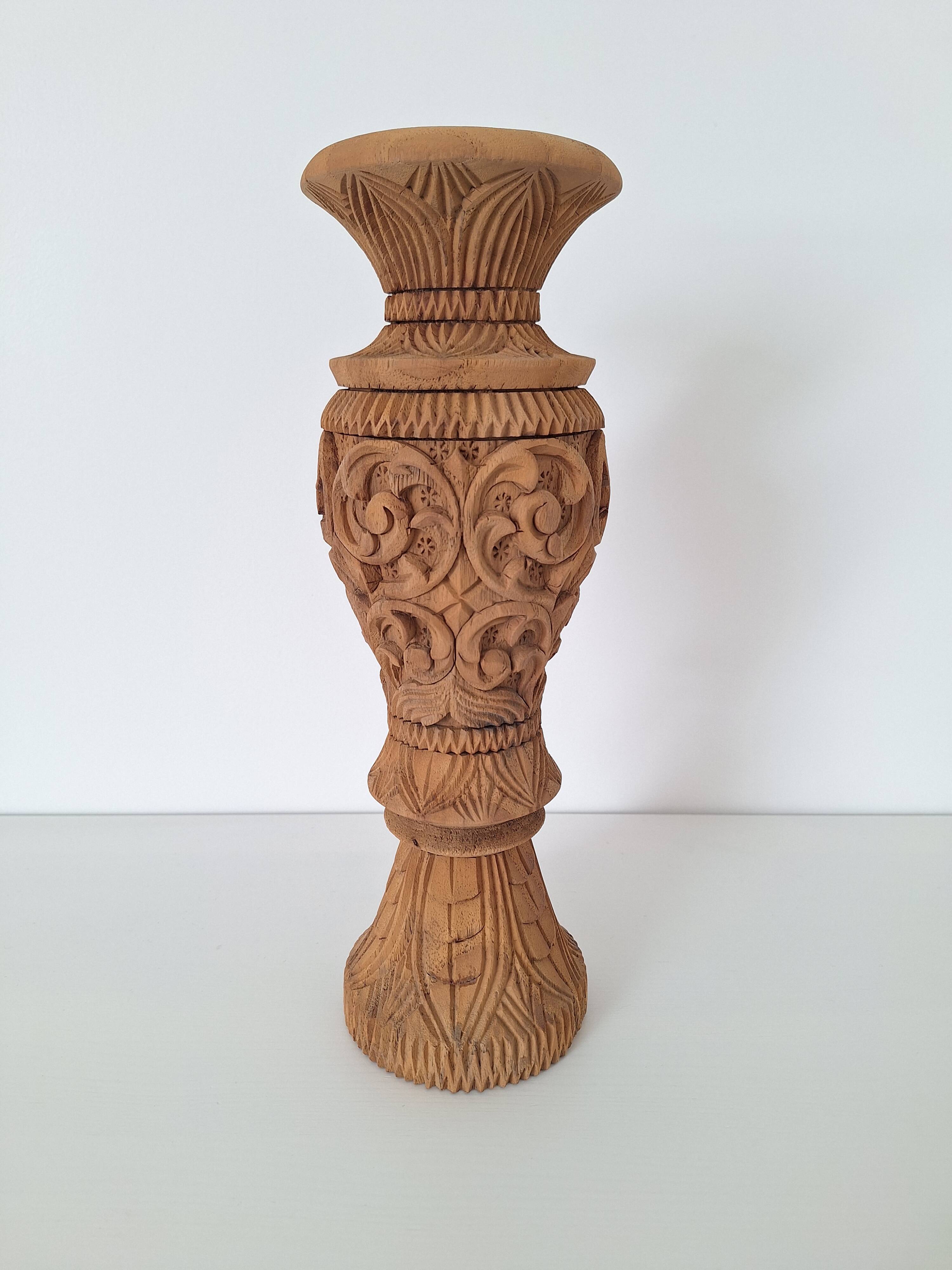 Carved solid wood vase
