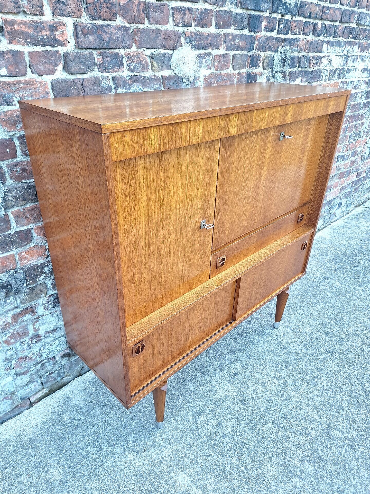 Vintage teak secretary, bar cabinet, sideboard, desk.