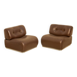 Pair of brown leather low chairs by Europoltrona 70's