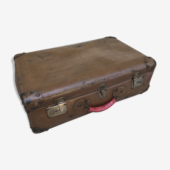 Valise de voyage fibre vulcanisée marron et anse cuir vintage