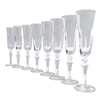 Set of 8 baccarat thin crystal champagne flutes, france