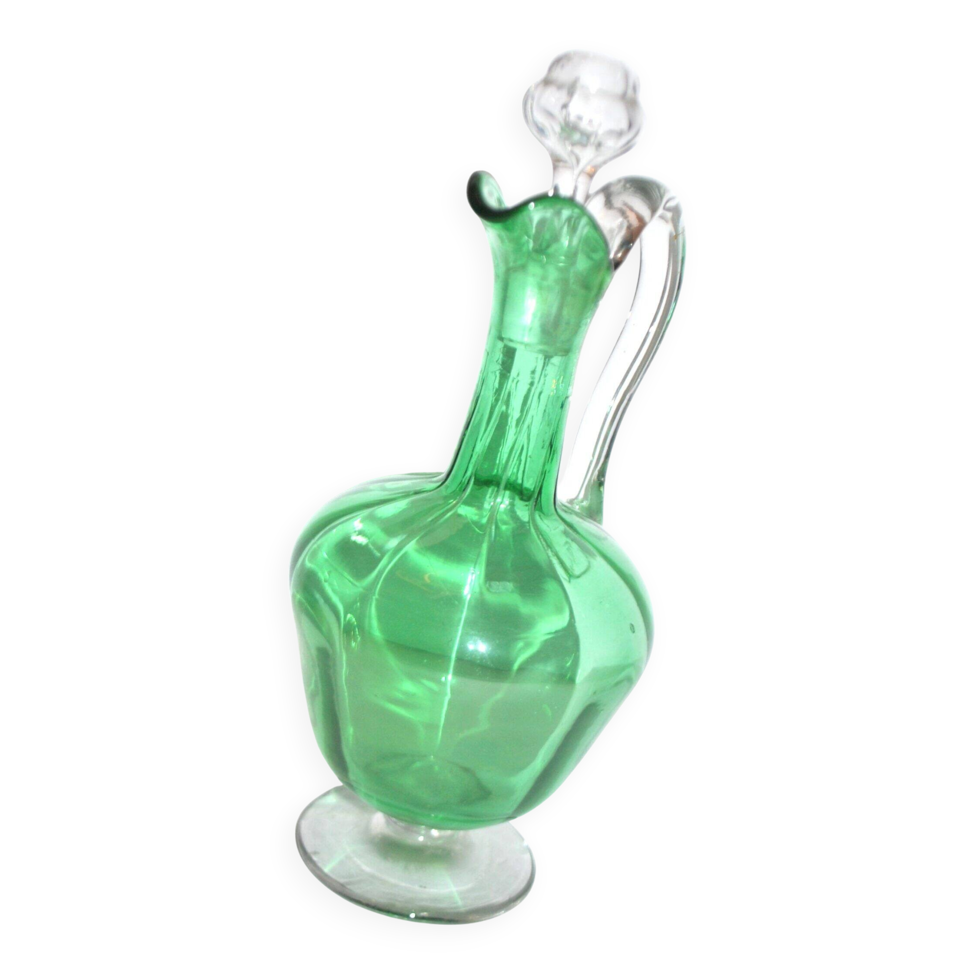 Green Venetian-ribbed crystal decanter – antique wine pitcher
