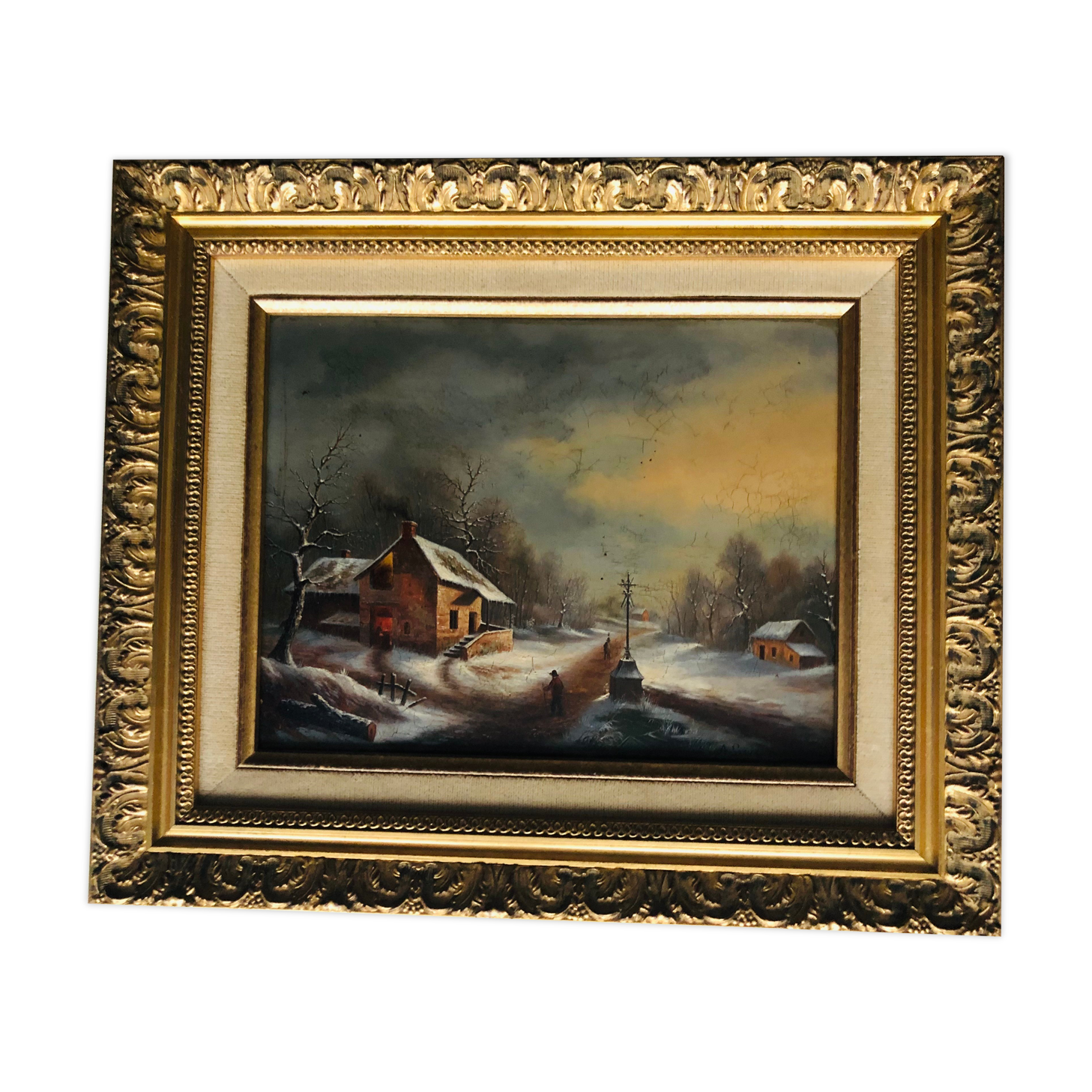 Huile sur panneau, paysage d'hiver animé