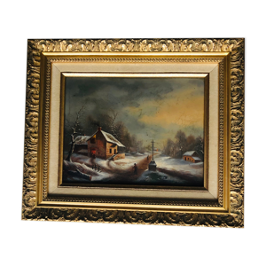 Huile sur panneau, paysage d'hiver