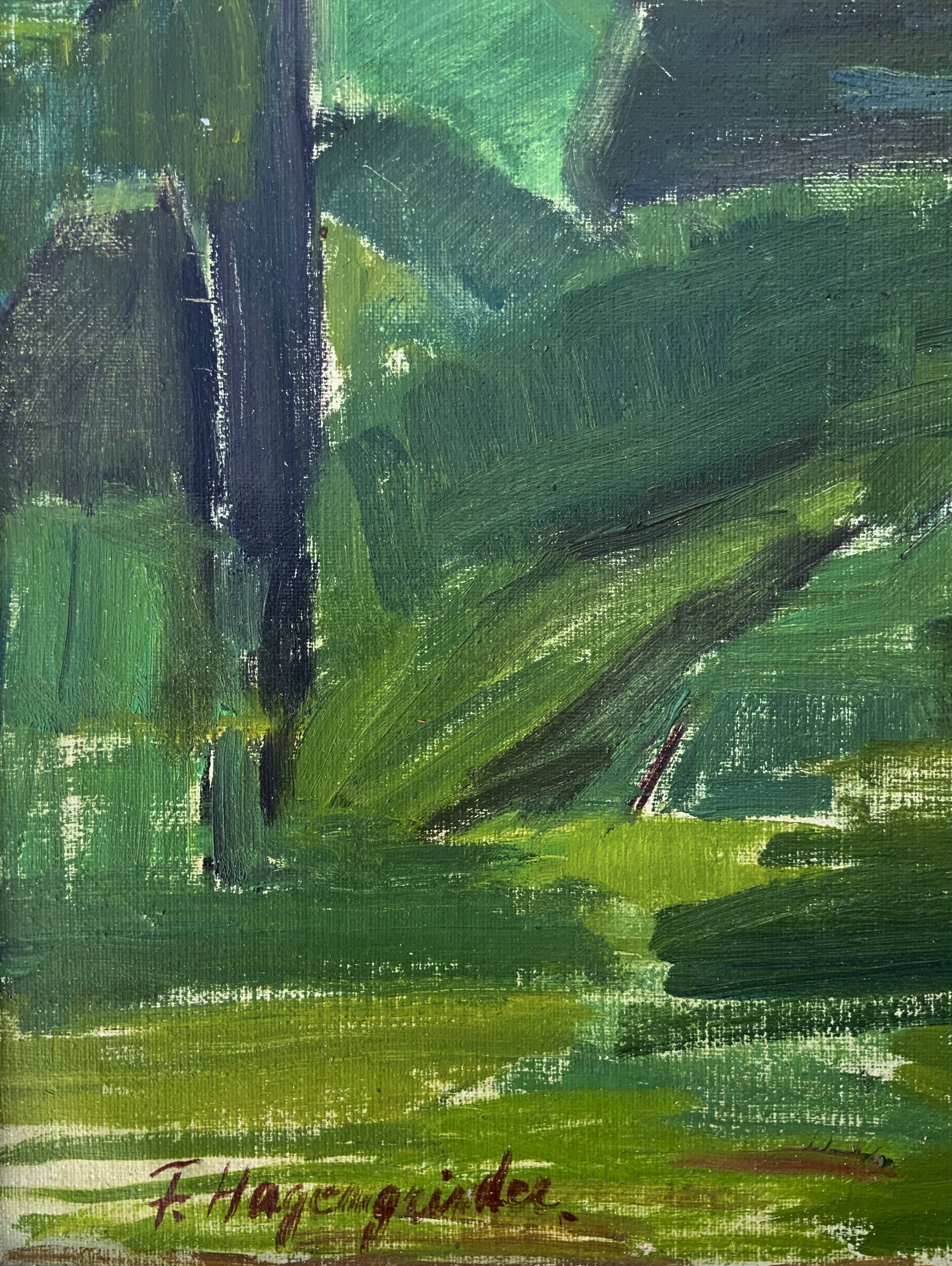 Vintage Modernists Landscape Oil on Canvas signed by F.H. 1950s