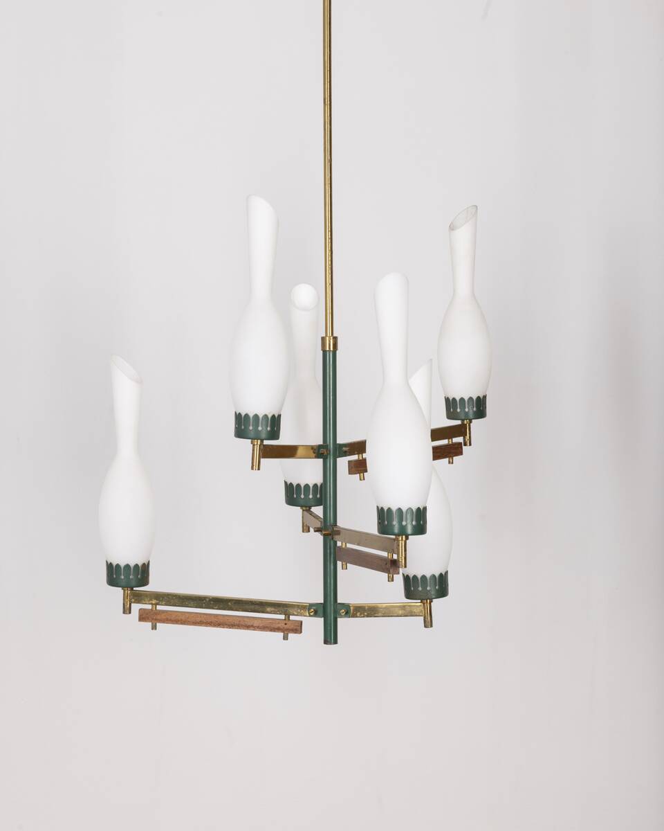 Vintage 50's chandelier in brass, green metal and glass italian design