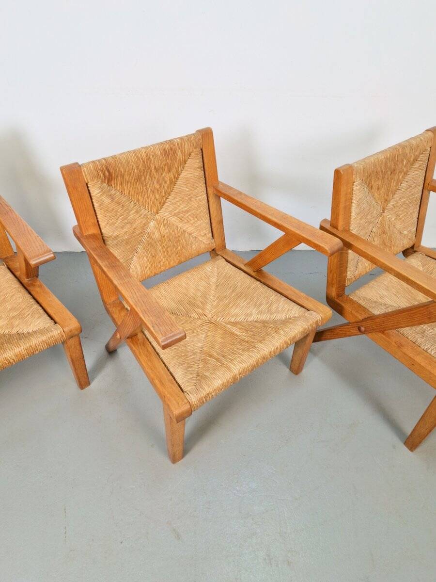 Chaises en bois brutalistes modernistes en paille, années 1940, ensemble de 3
