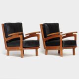 Ensemble de deux fauteuils lounge vintage en cuir noir et structure en chêne, 1960-70