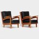 Ensemble de deux fauteuils lounge vintage en cuir noir et structure en chêne, 1960-70