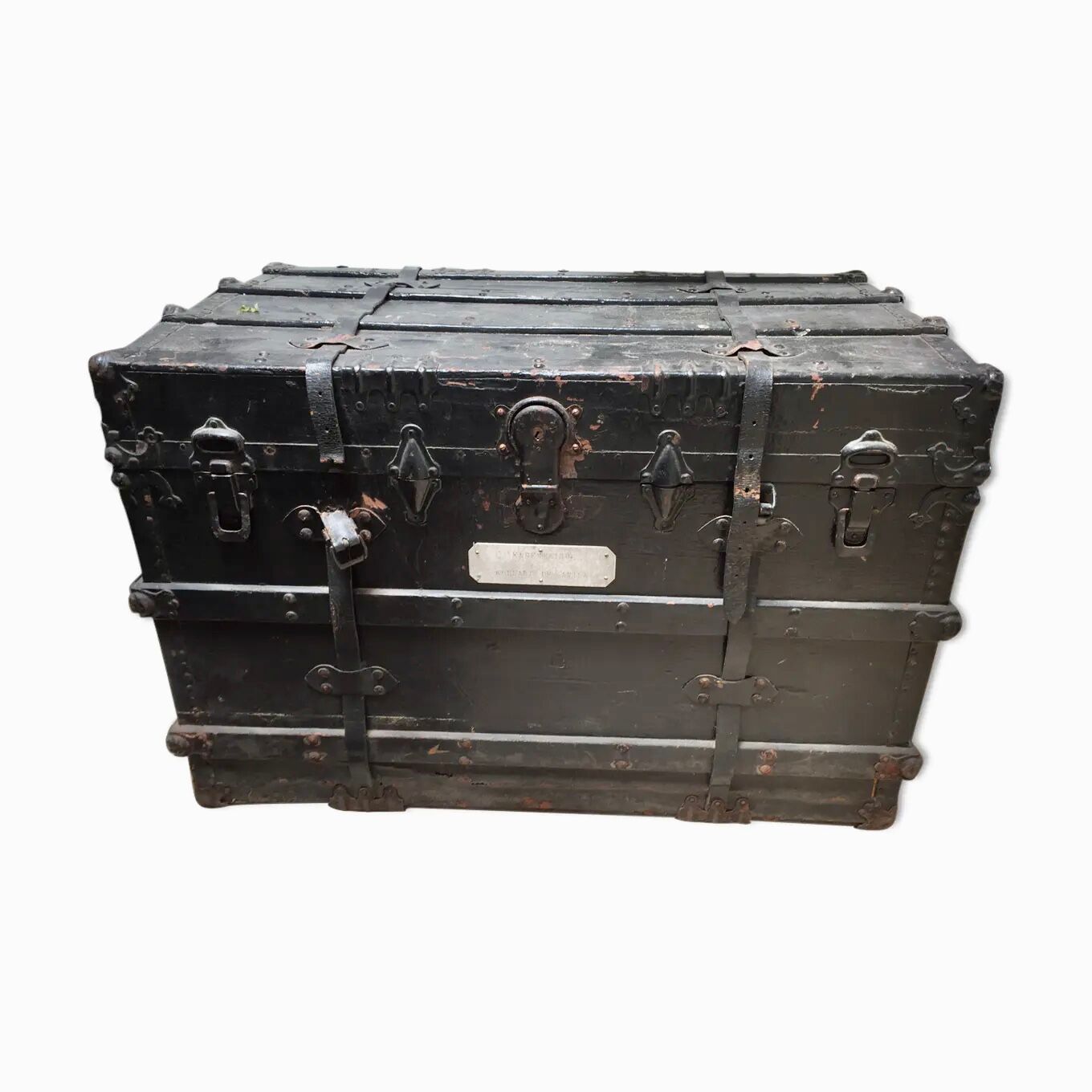 Black ancient travel trunk, 19th