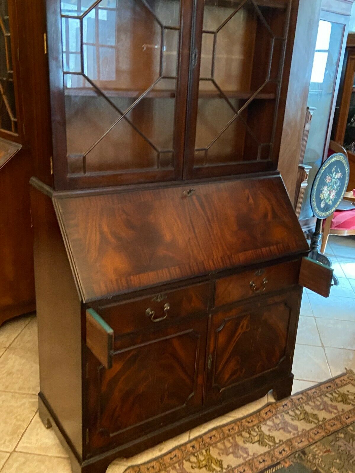 English Scriban two body secretary office showcase library in mahogany
