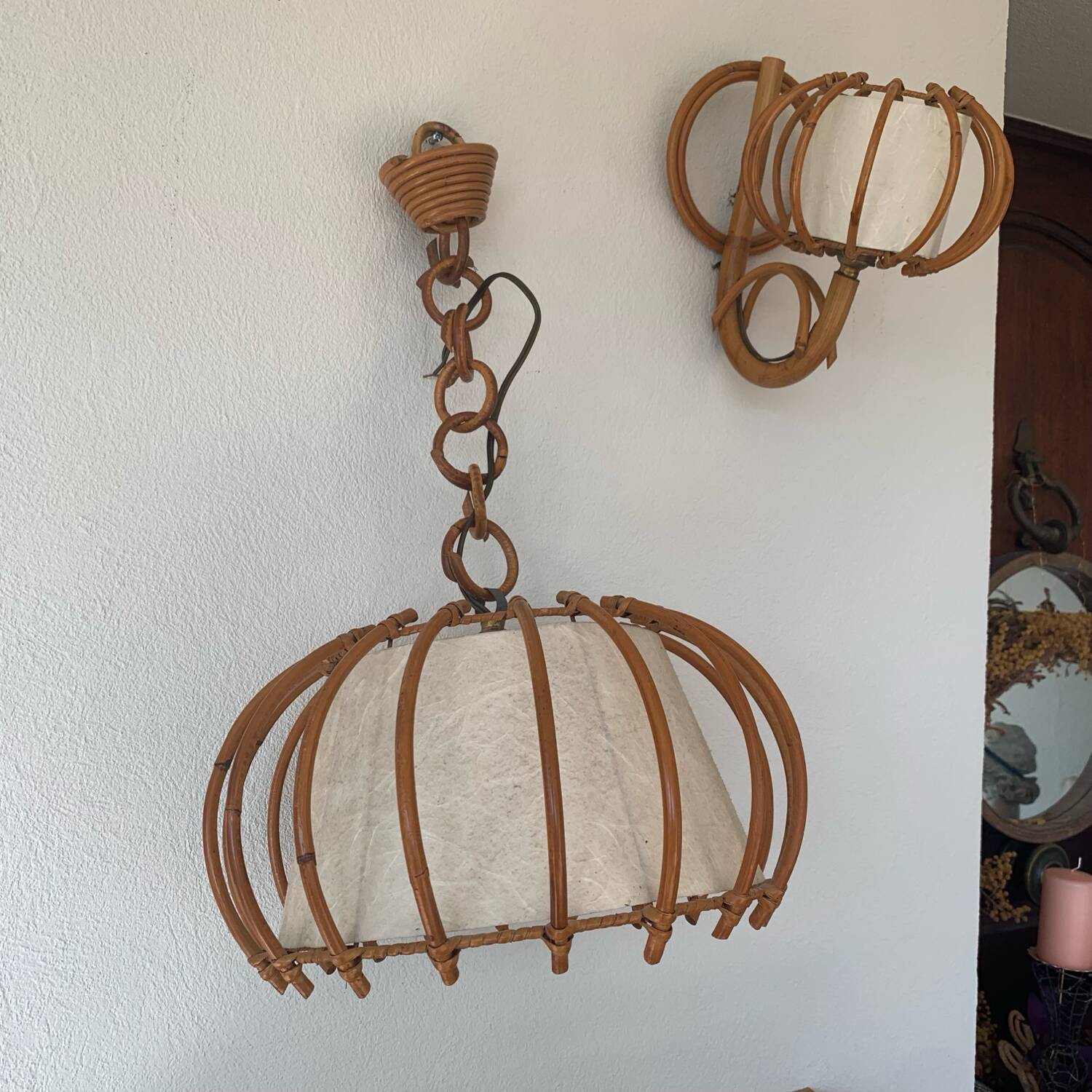 ▪️Lot Suspension And Wall Lamp Wicker Louis Sognot 50-60's Bohemian Chic Vintage