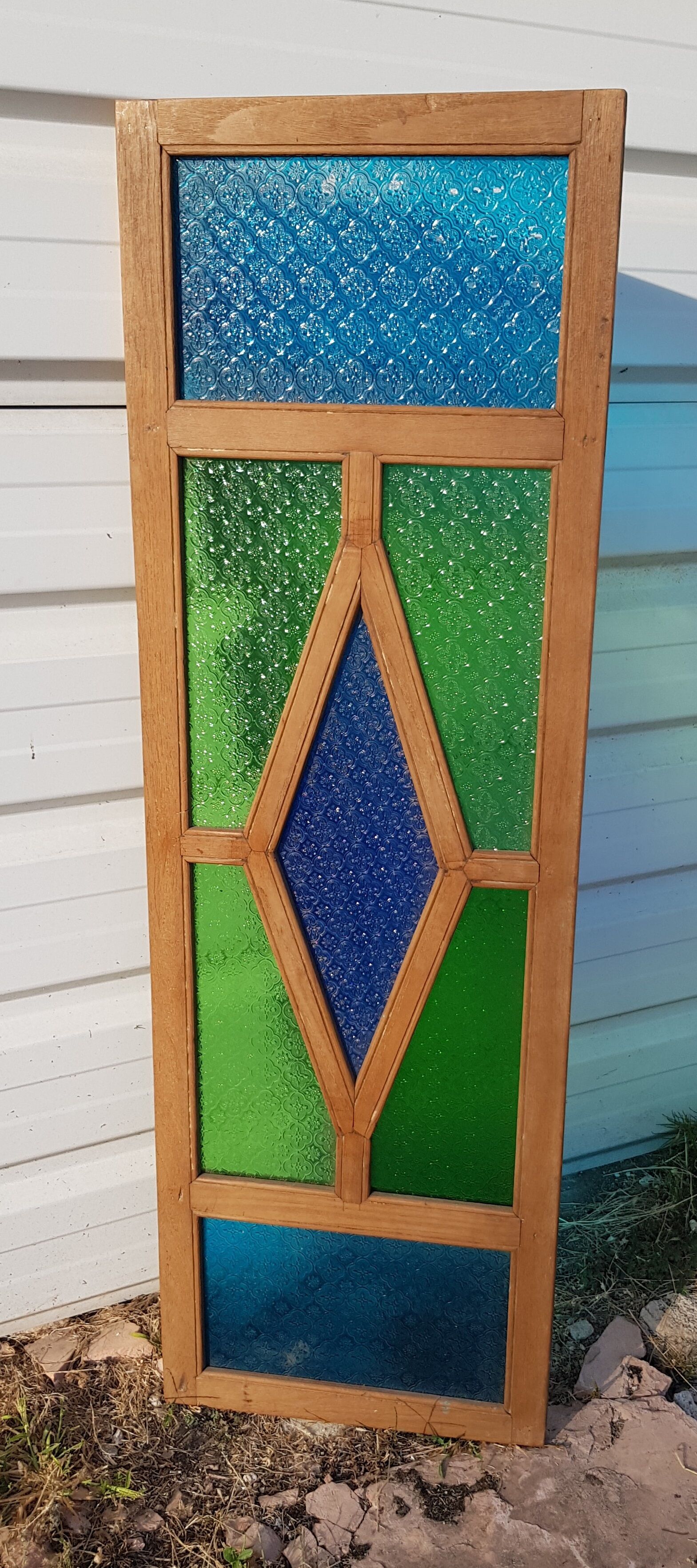 Old teak frame panel/window and 7 colored & embossed glass panels