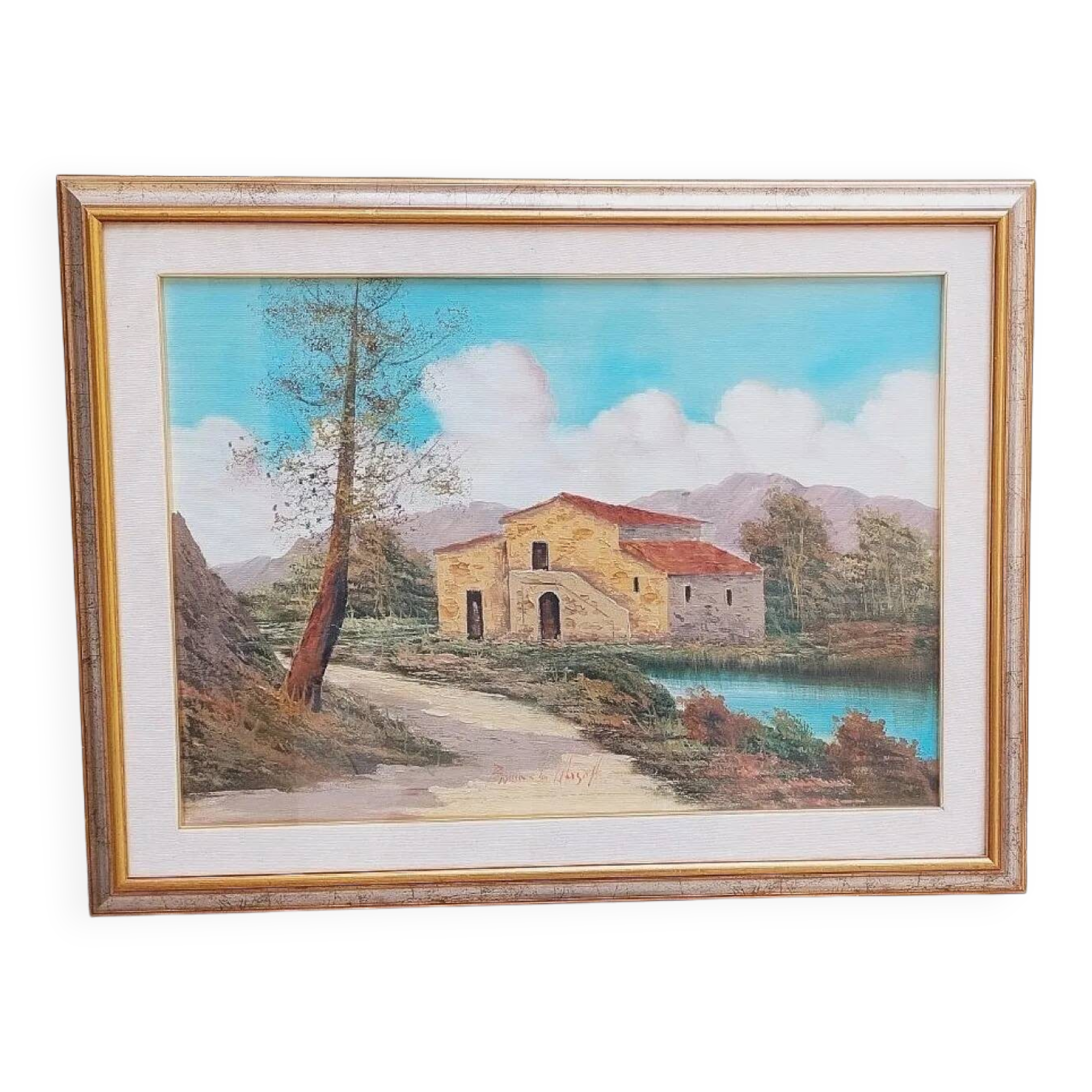 Tuscan landscape by R. Morelli, oil on canvas, late 20th century