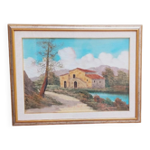 Paysage toscan par R. Morelli, huile sur toile, fin du XXe siècle