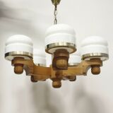 Scandinavian pine & opaline chandelier by Jan Wickelgren for Aneta Sweden, 1970s