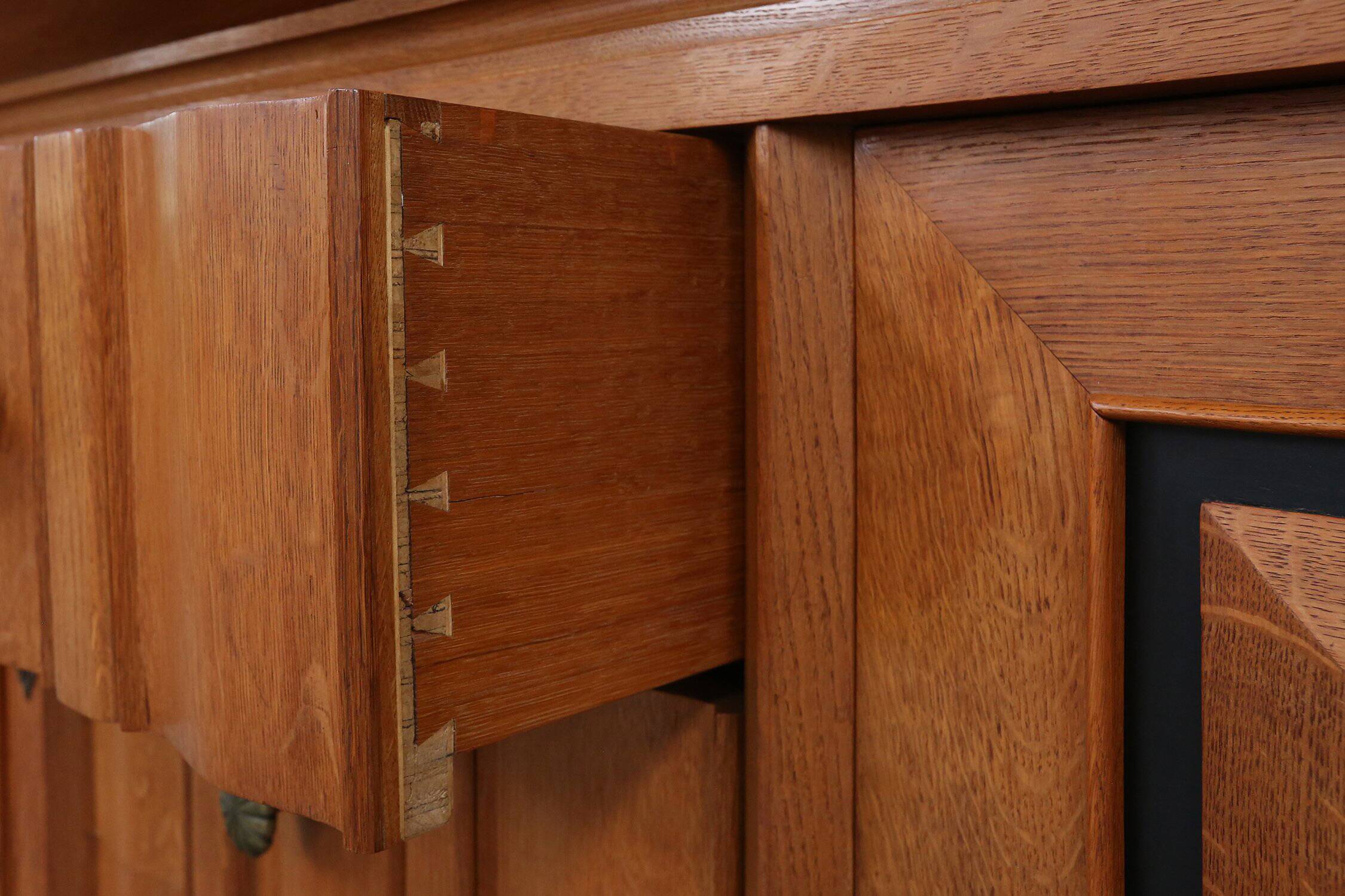 Art Deco brutalist Belgian Oak and Brass Sideboard, 1940s