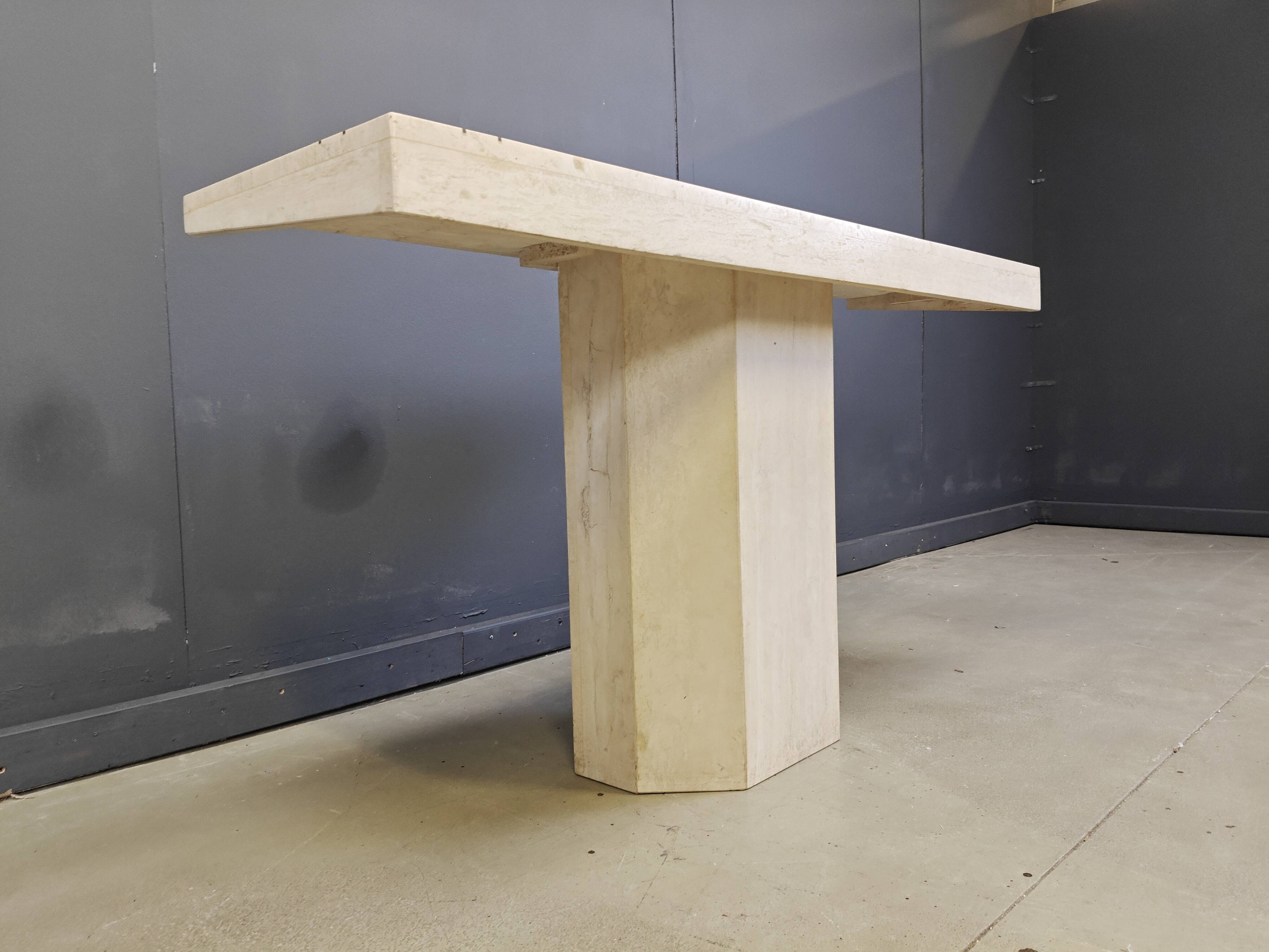 Vintage travertine and brass console table by Roche Bobois, 1970s