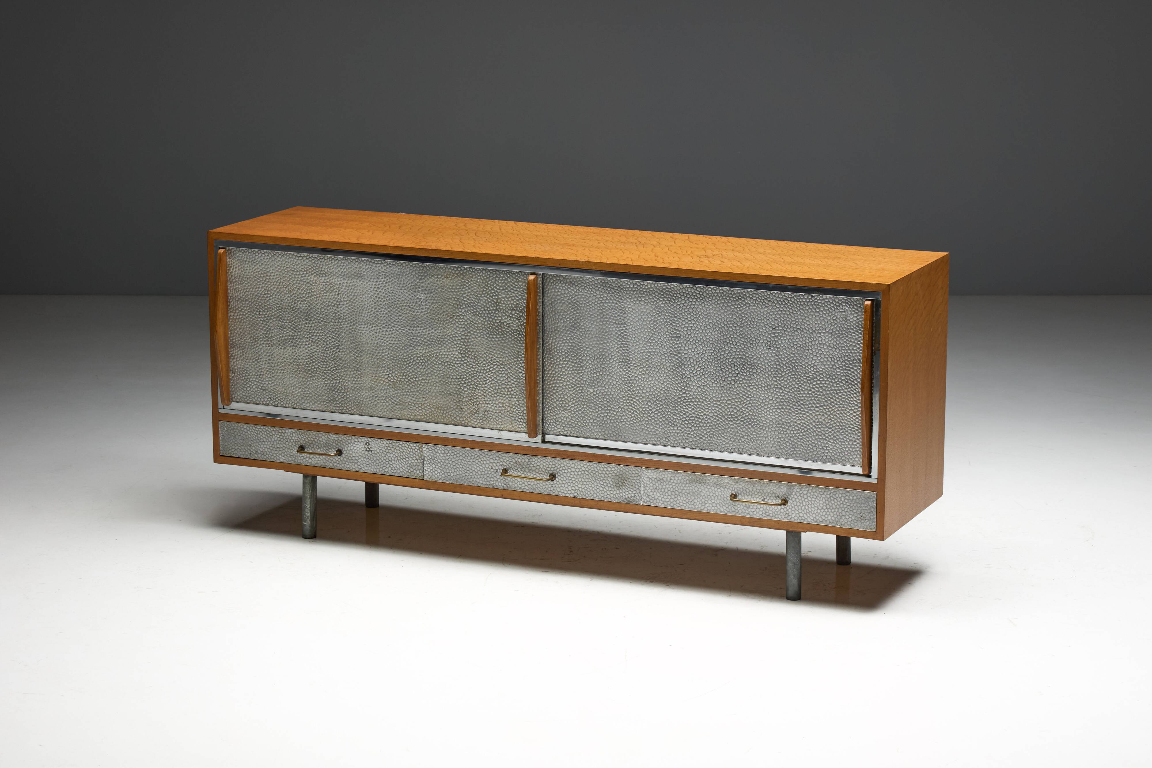 Mid-Century Modern Sideboard with Hammered Metal Façade, France, 1960s