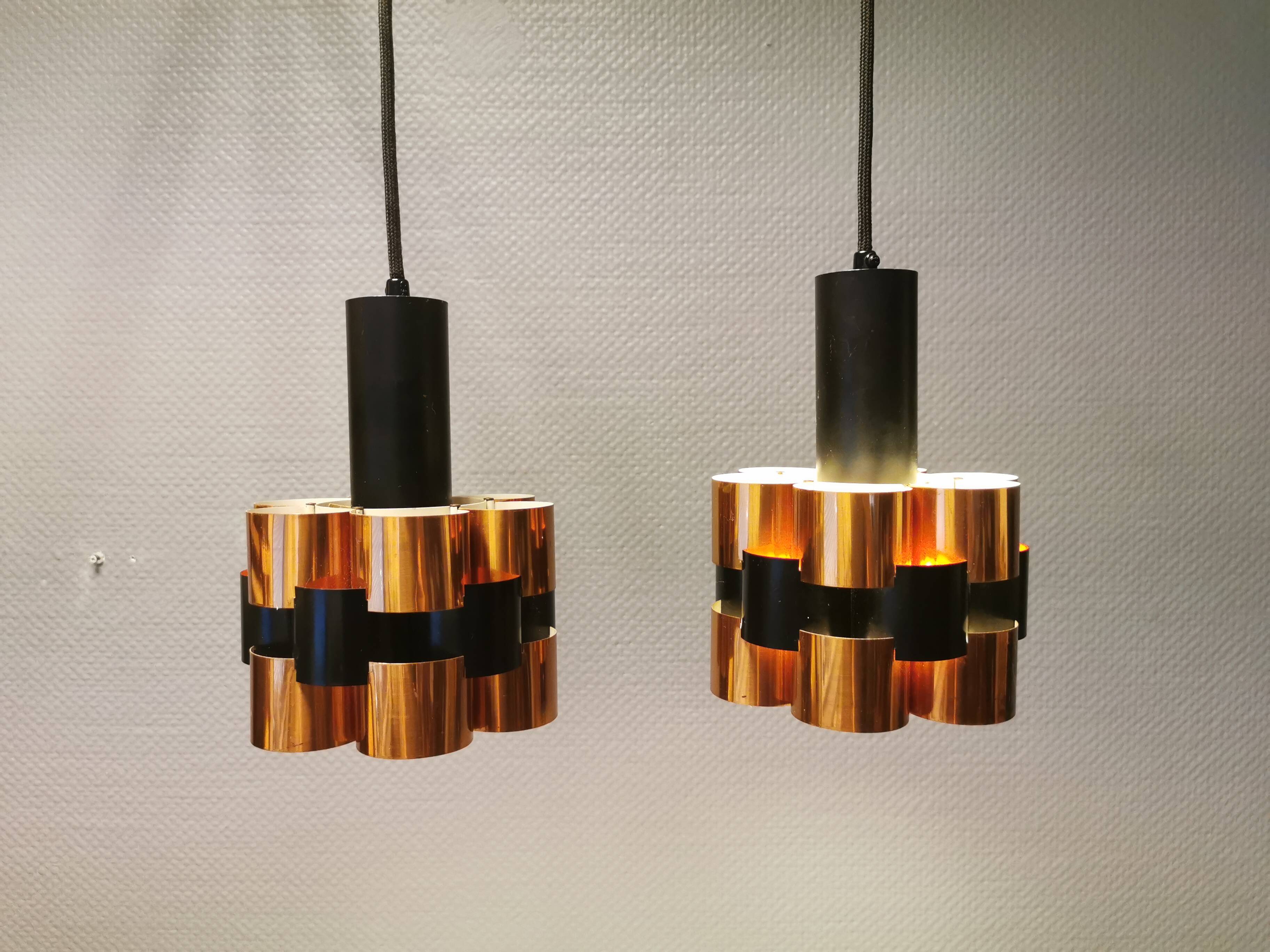 2 suspensions en métal noir et cuivre par Werner Schou pour Coronell Elektro, années 1960-1970