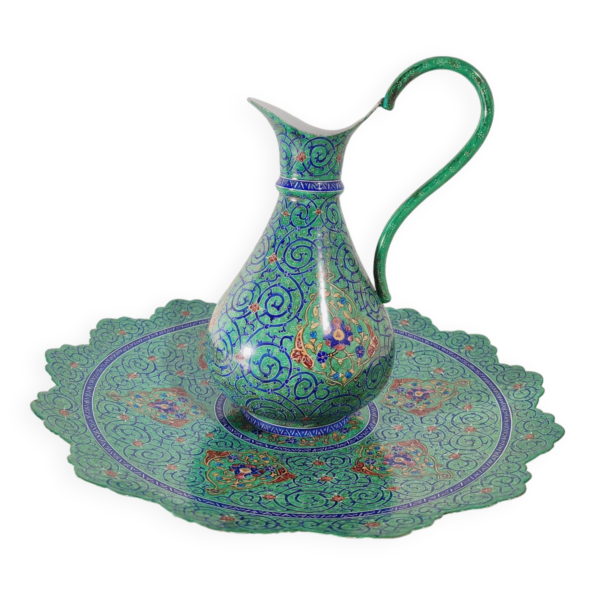 Minakari Signed Enameled Sheet Metal Ewer and Dish / 20th Century Middle East / Jug