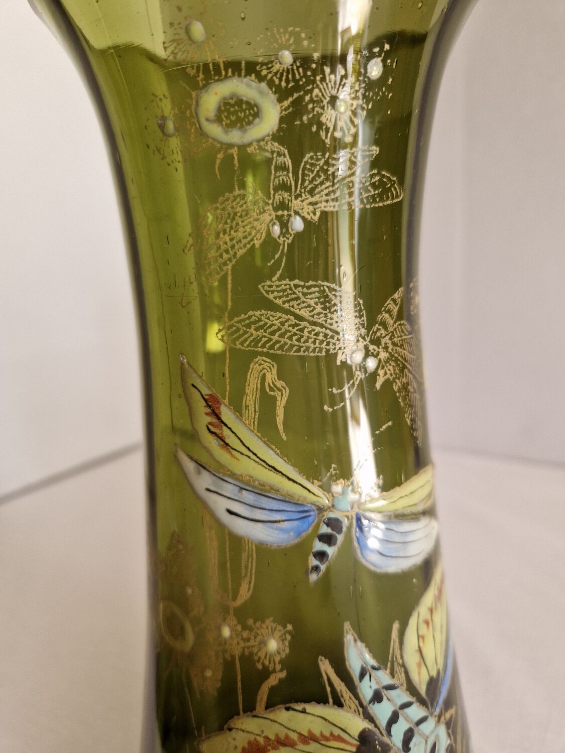 Pair of Enameled Glass Vases with Dragonflies. Unsigned Legras