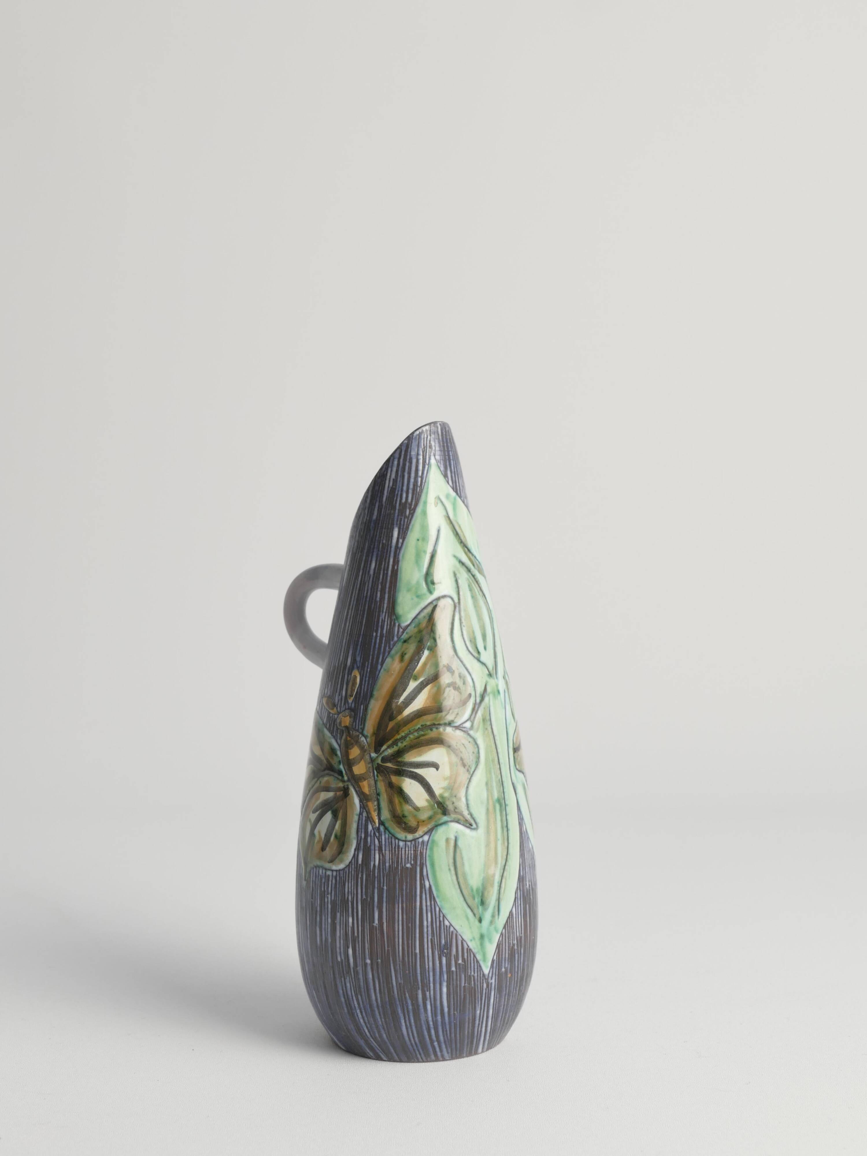 Mid-Century Modern Stoneware Vase with Sgraffito and Butterflies. Sweden, 1950s