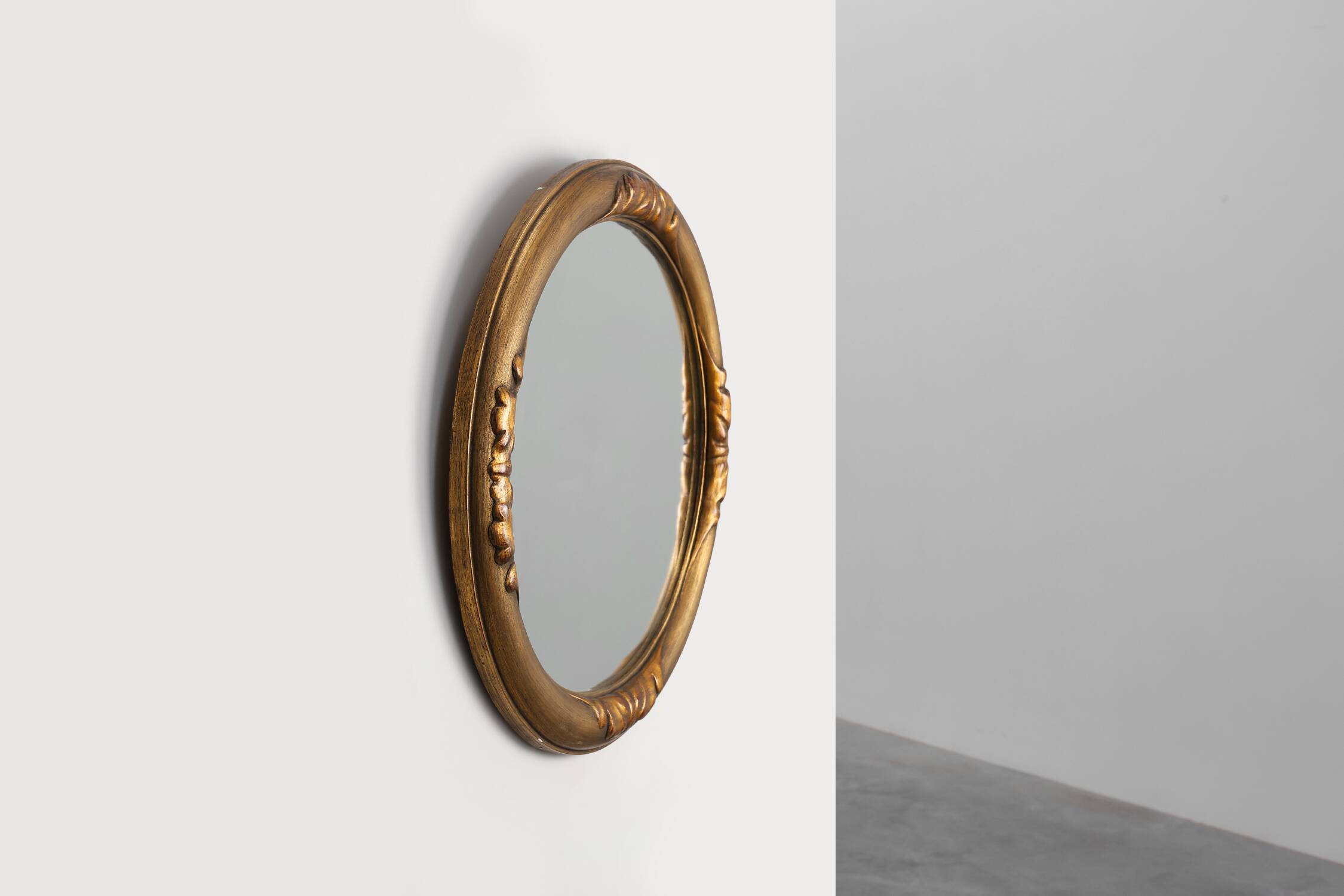 Art Deco oval gilt oak mirror, Belgium 1920s