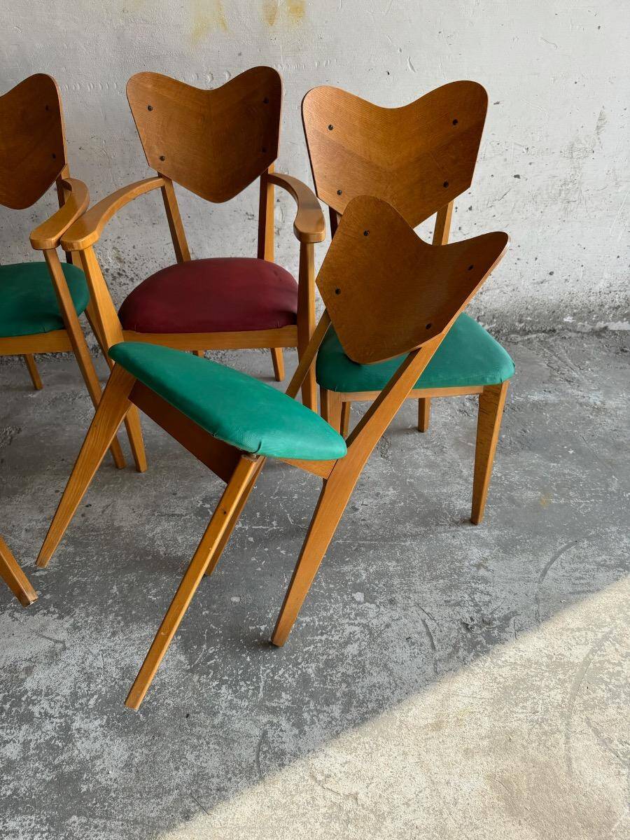 Ensemble de 6 chaises en forme de cœur de René-Jean Caillette, en bois courbé avec revêtement vert et bordeaux