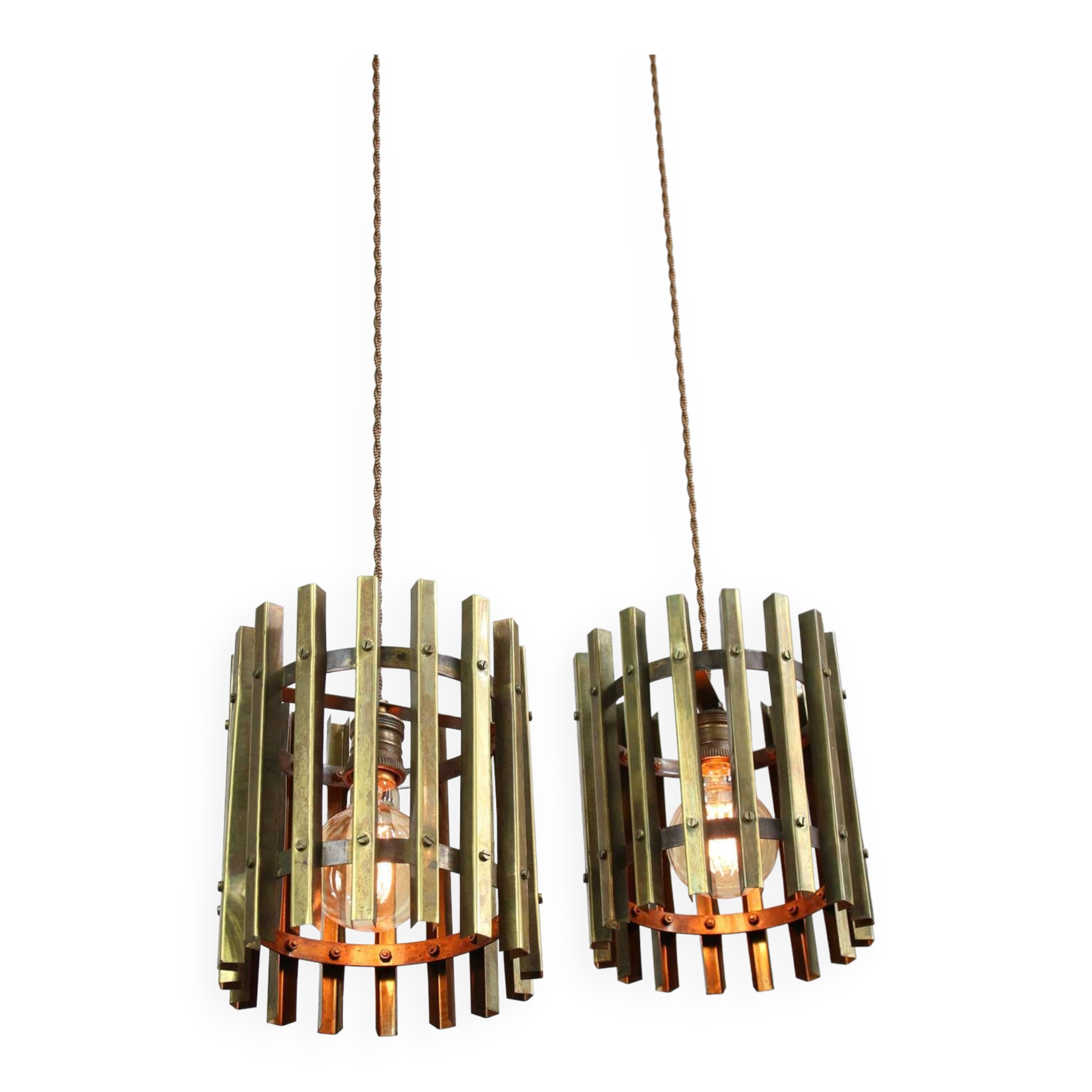 Vintage Italian Brass Cage Pendant Lamp, 70s