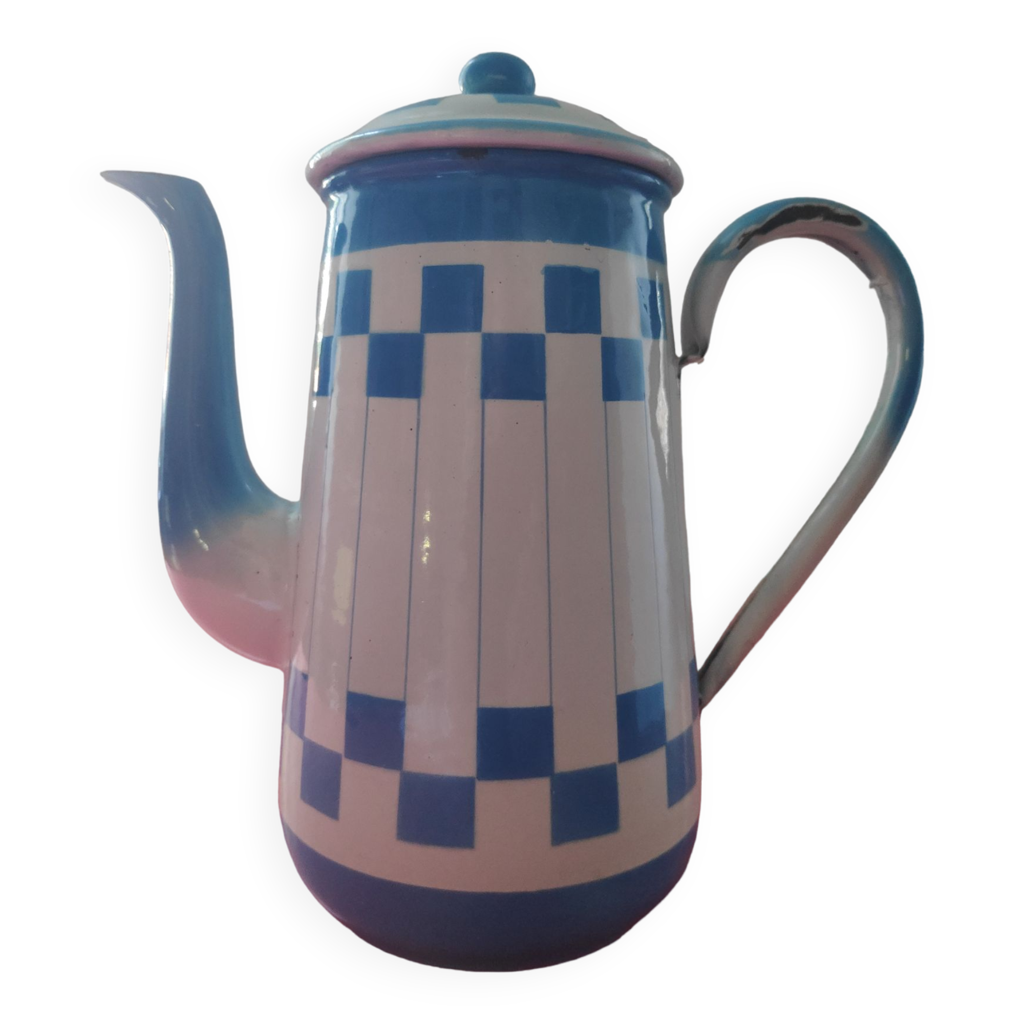 White enamelled sheet metal coffee maker with blue checkered Lustucru style stamped Duco